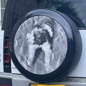 Dog wheelcover on customers Defender.